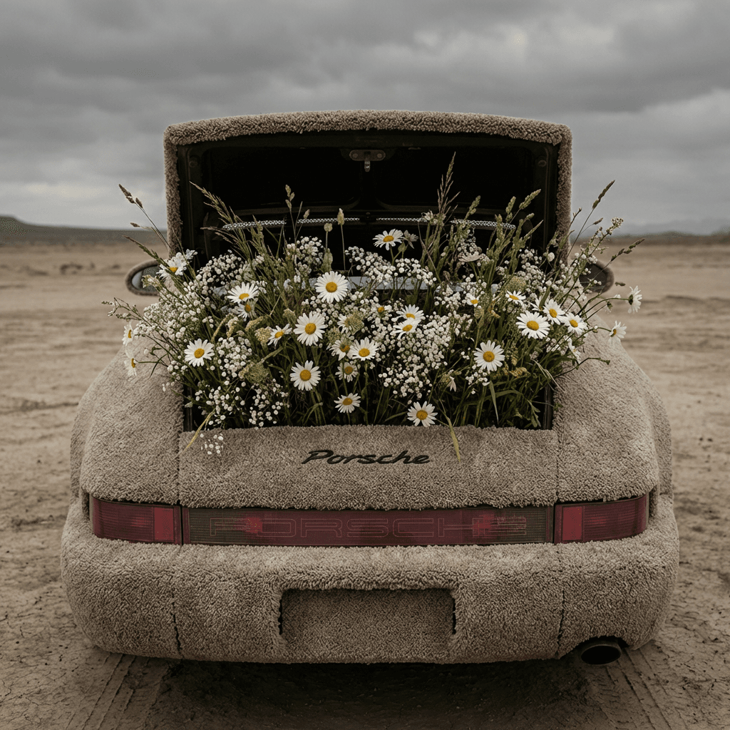 Porsche with daisies wide angle