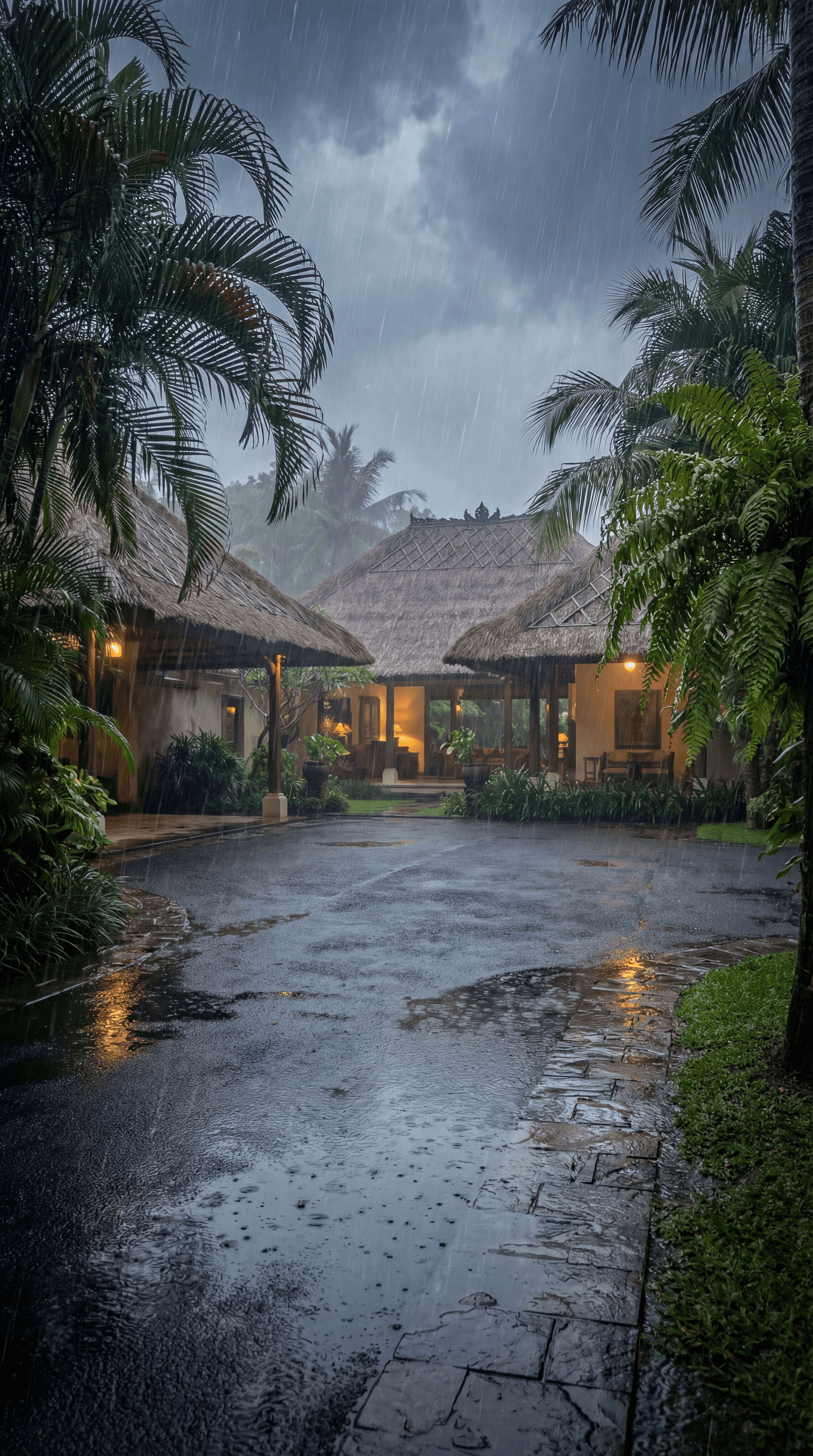 Tropical resort in the rain